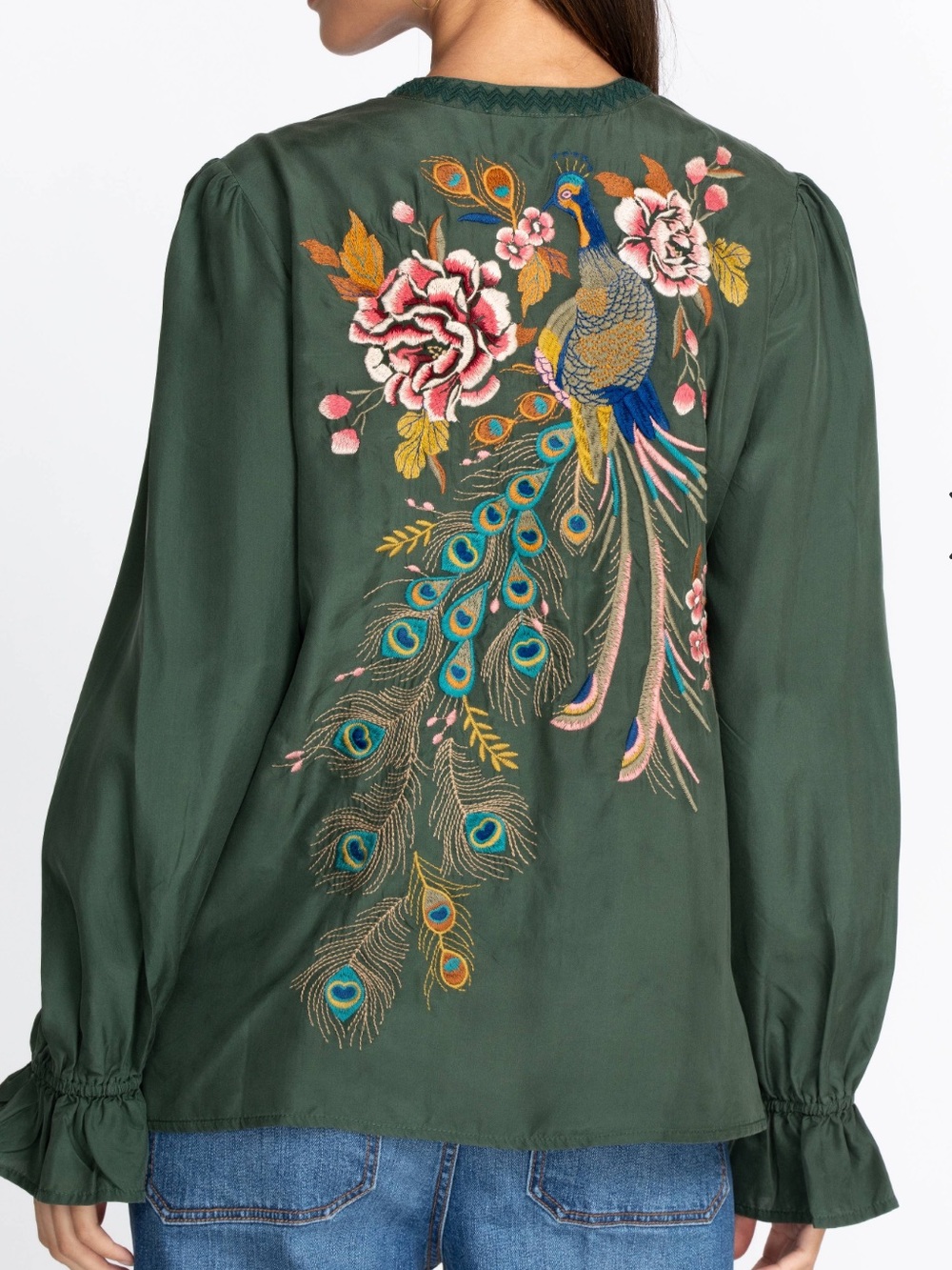 Johnny Was Quito Victorian Prairie Blouse XS 100% Silk Peacock Embroidered Boho